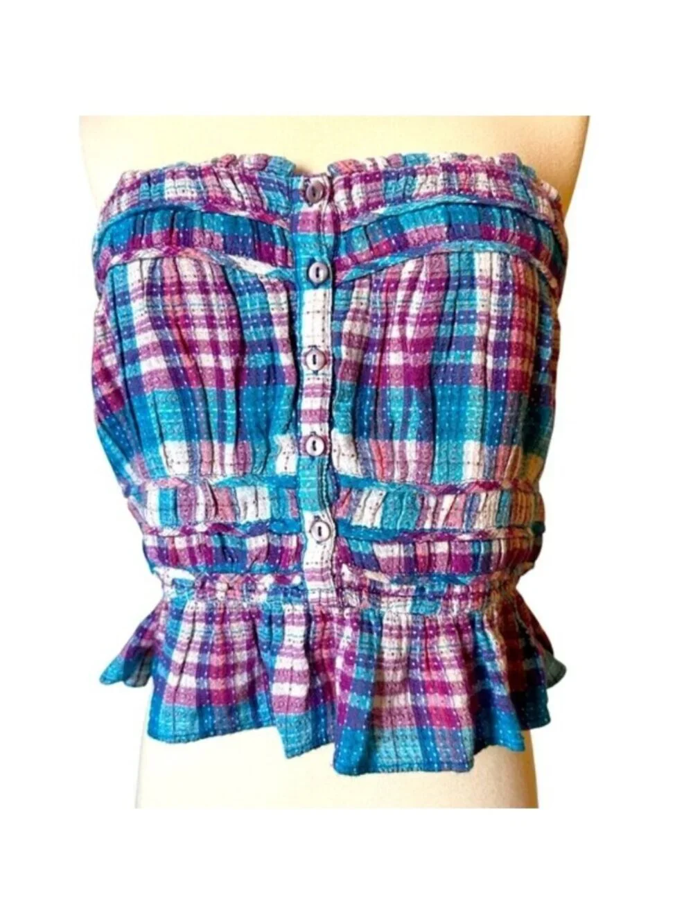 NWT Free People Women's Blue & Purple Plaid Peplum Tube Top Size Large